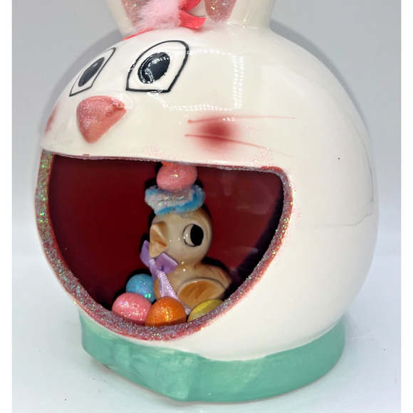 Vintage Ceramic Chick inside Ceramic Bunny Diorama Deb O. Original Designs OOAK - Picture 15 of 16